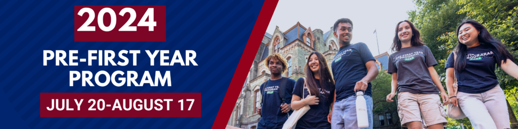 Banner image that is half blue with white text stating 2024 Pre-First Year Program July 20 - August 17. the other half of the banner has three students smiling wearing Pre-First Year Program t-shirts.